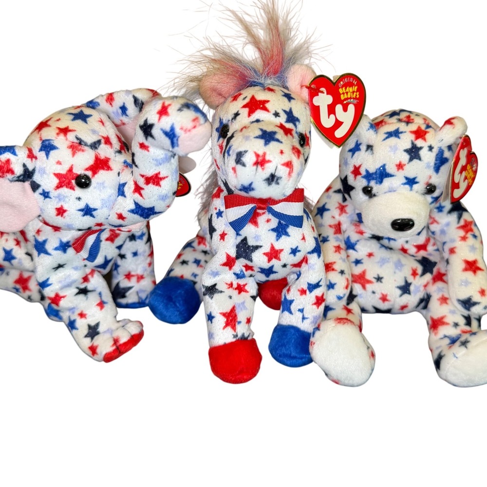 Ty Beanie Babies Patriotic Set Lefty‎ 2004 Righty 2004 White Bear Stars Stripes